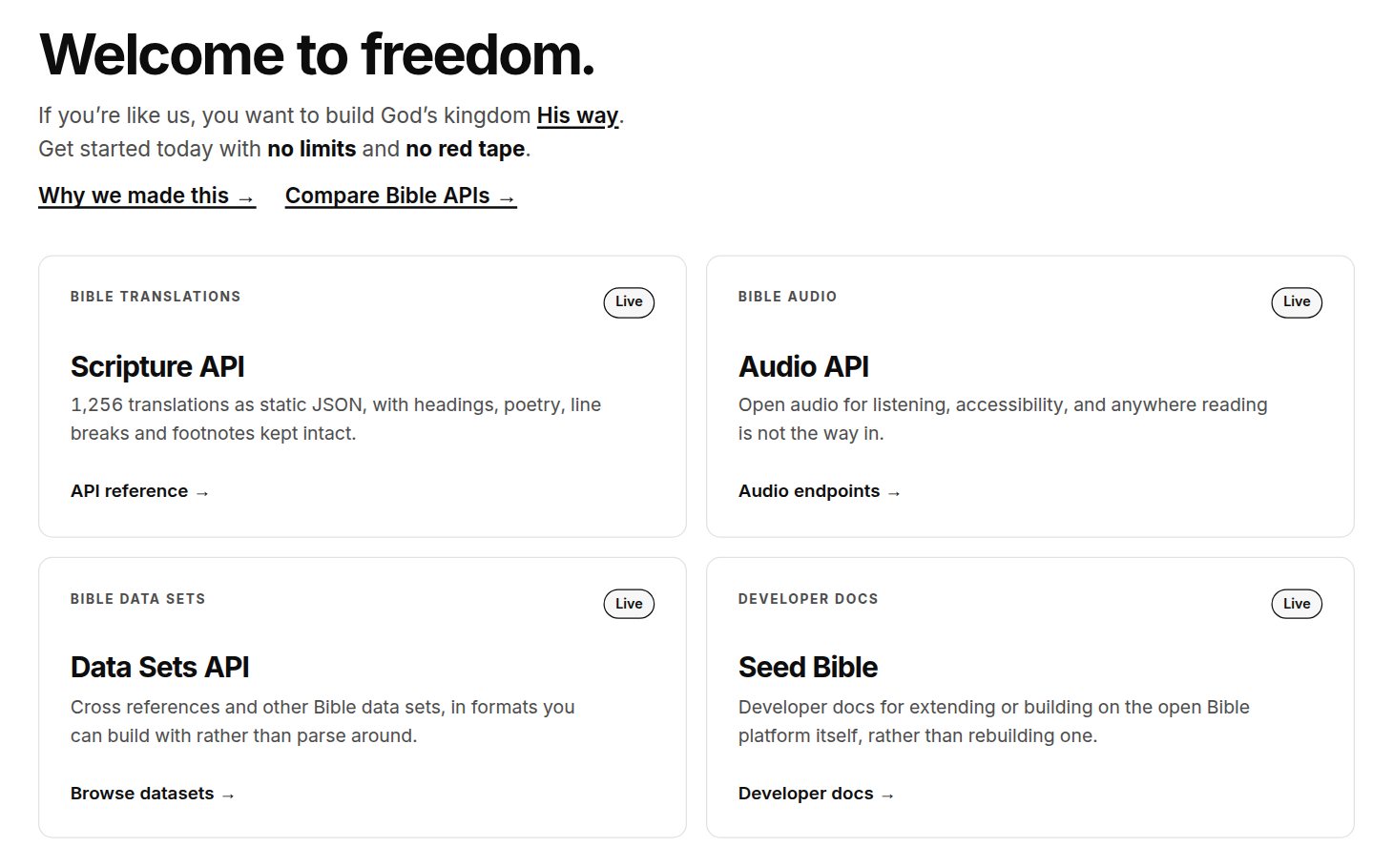 The Free Use Bible API home page, with Seed Bible developer docs listed beside the Scripture, audio and data sets APIs.