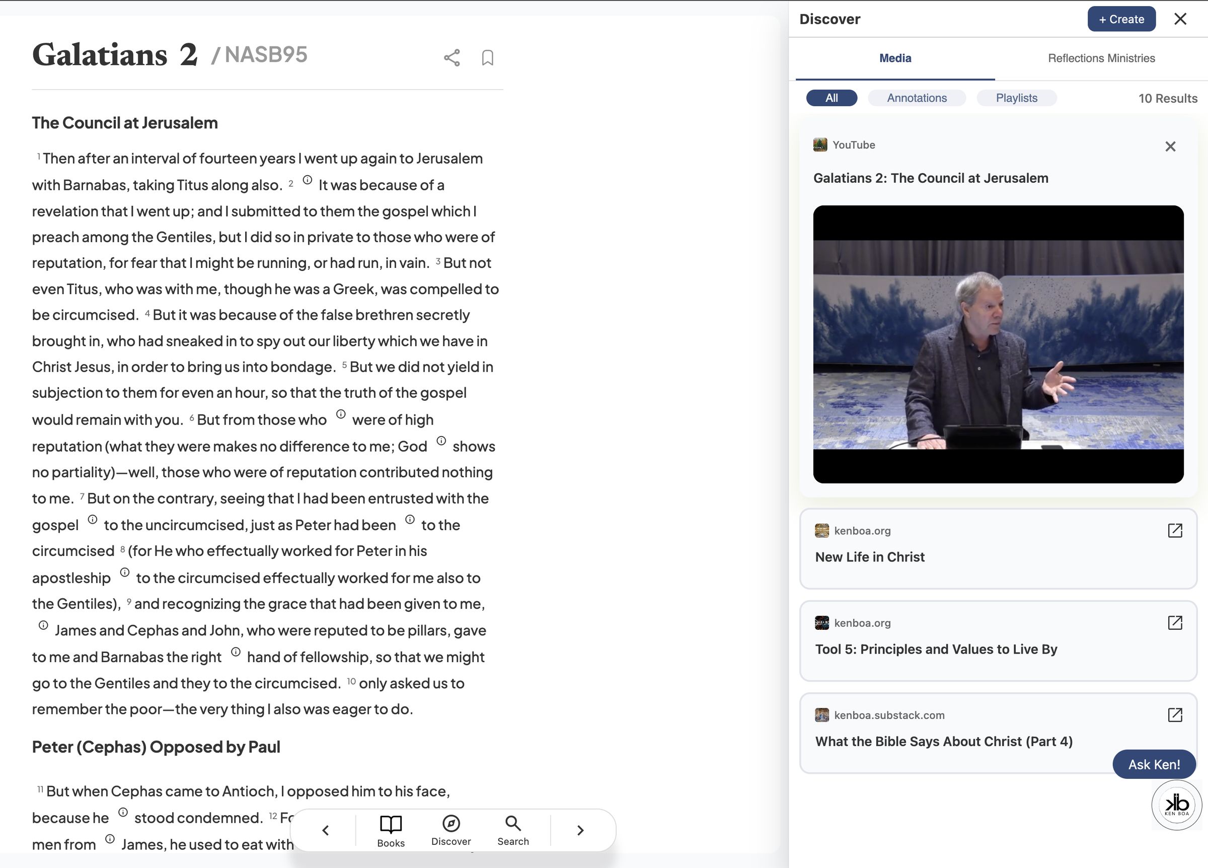 Galatians 2 open in Ken Boa's Bible, with his teaching video and articles listed in a Discover panel beside the passage
