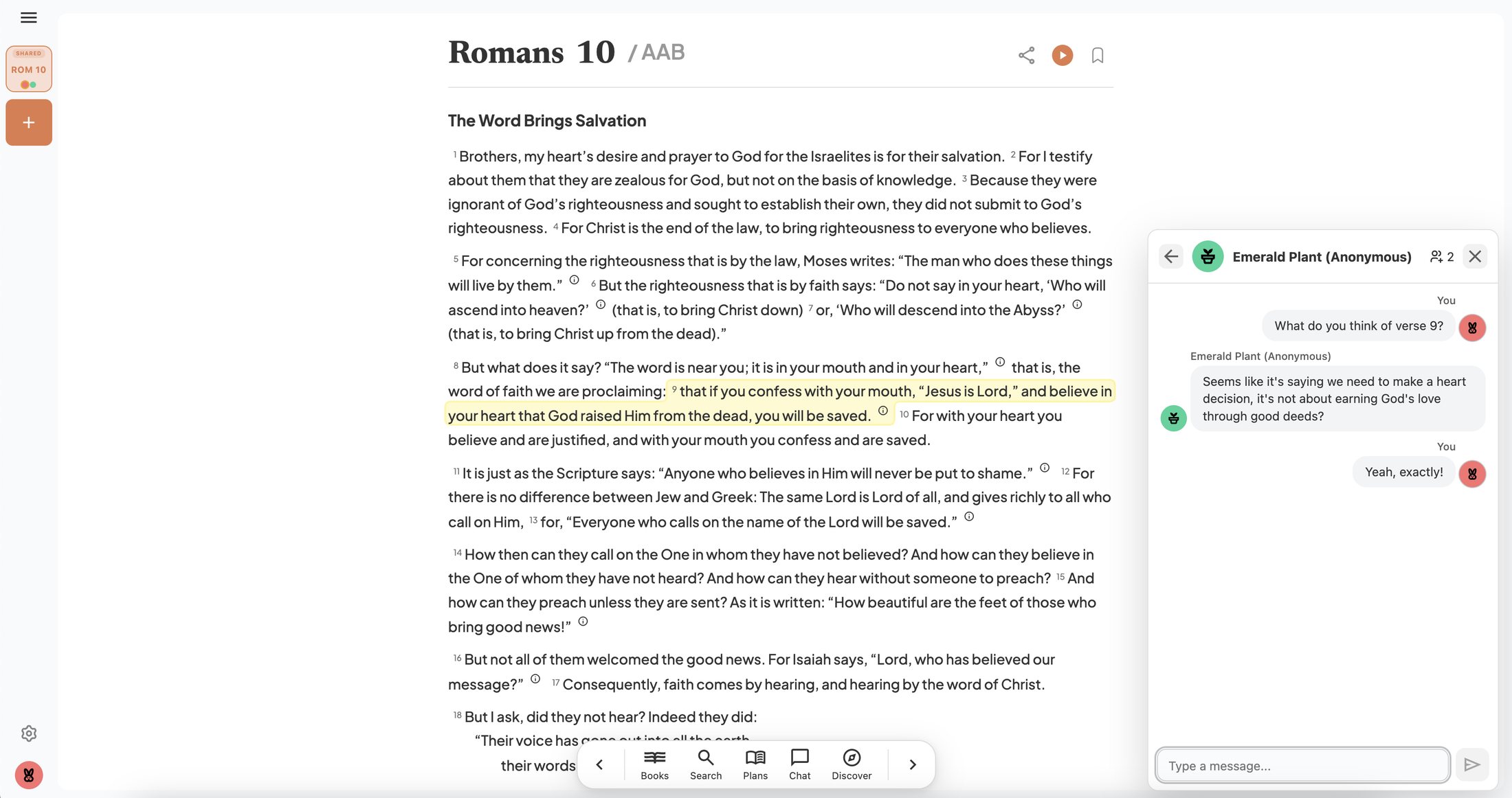 Romans 10 open in Seed Bible with verse 9 highlighted, and a chat beside it where two readers are discussing that verse